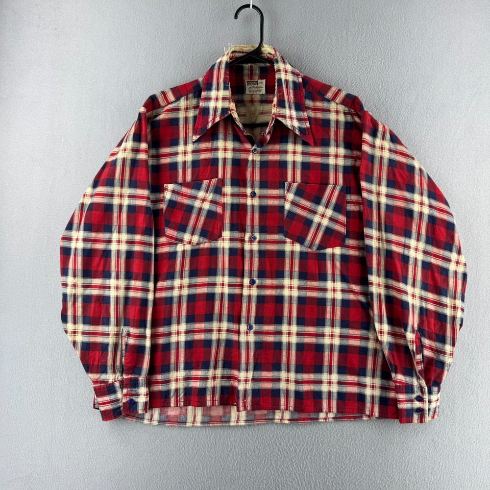 Vintage 70s Montgomery Ward Shirt Men Large Printed Cotton Flannel Dagger Collar